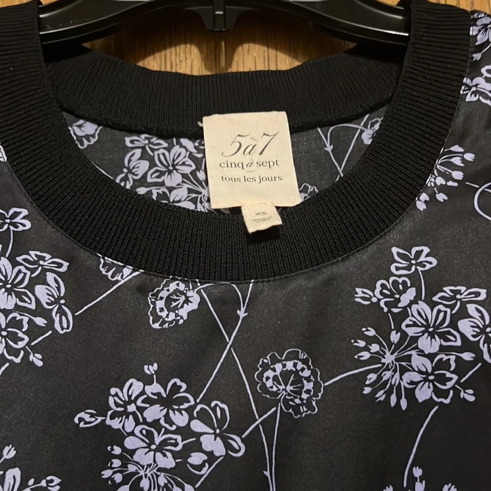 Cinq A Sept Black top with purple florals with black ruffle trim - Picture 2 of 2
